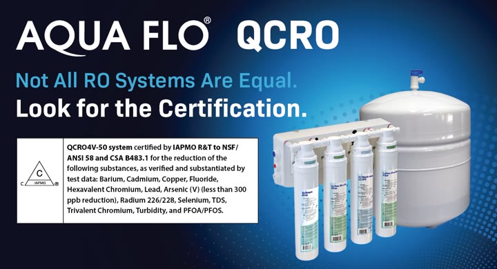 Aqua Flo QCRO reverse osmosis system: a four-cartridge filter bank with a white storage tank, shown with its IAPMO certification listing