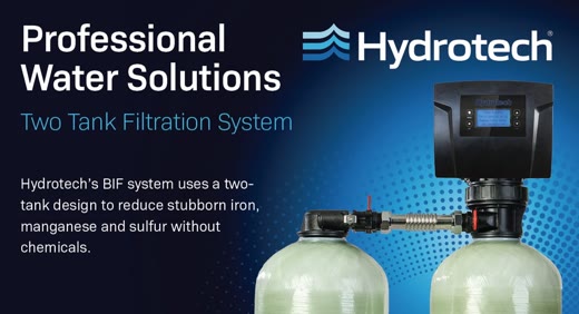 Hydrotech BIF two-tank filtration system: a pair of media tanks joined by a stainless connector beneath a digital control valve