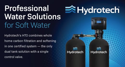 Hydrotech HTO dual-tank system: two black media tanks joined by a stainless connector beneath a single digital control valve